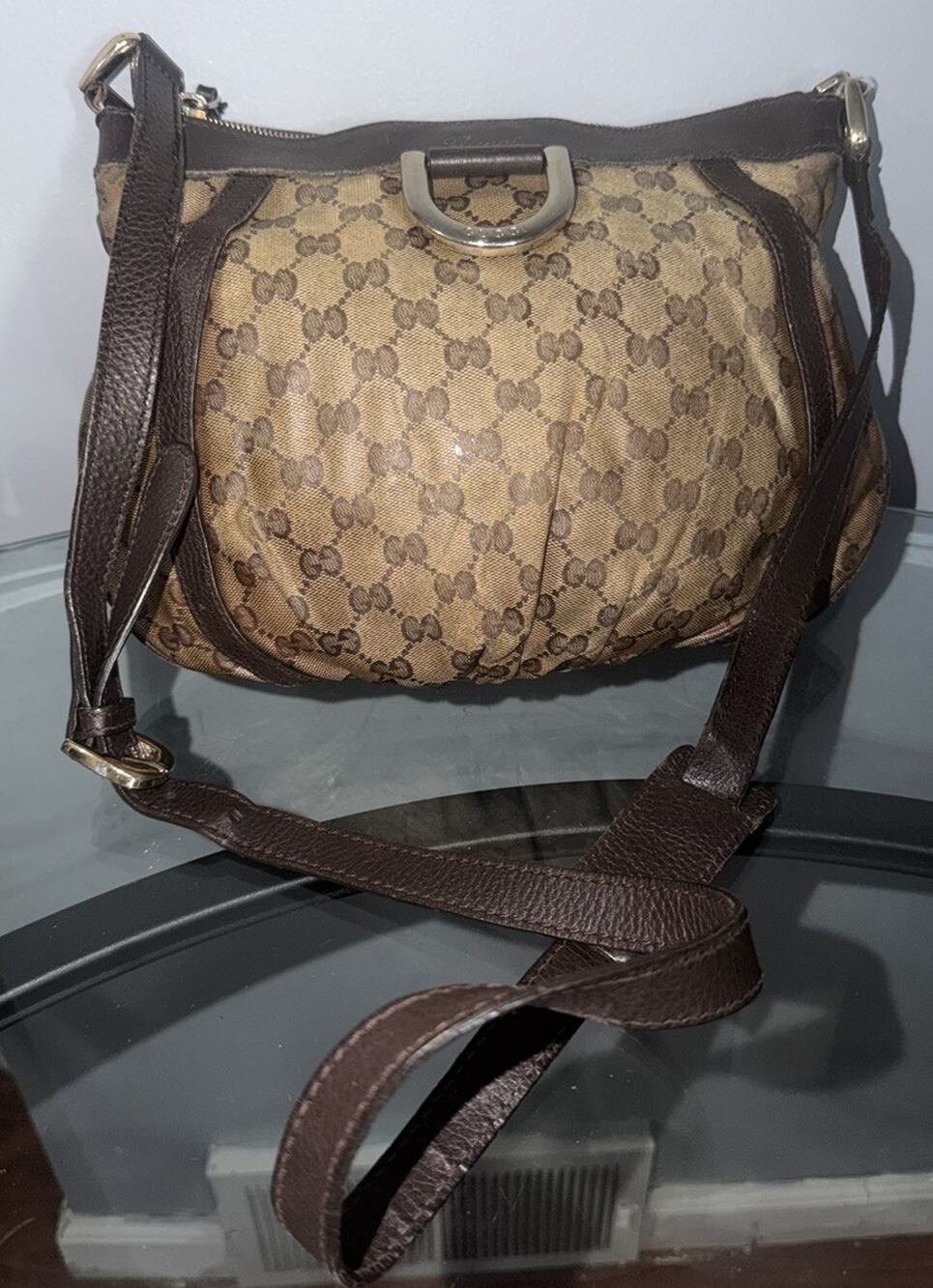 GUCCI Crystal Crossbody Brown GG Leather Canvas Bag
